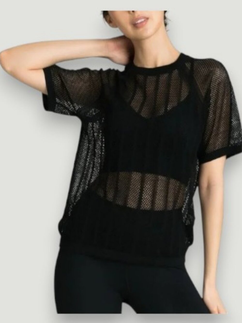 Filippa K short sleeve mesh knit top black women's size S
